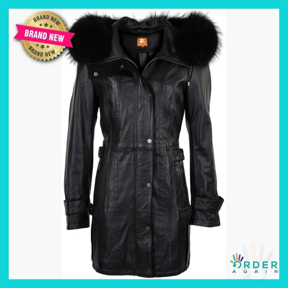 Genuine Leather Trench Coat Glossy Lambskin Long Elegant Chic Outerwear